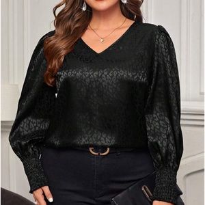 Luxe Satin Leopard Print Smocked Cuff Long Sleeve Top Blouse Shirt Black